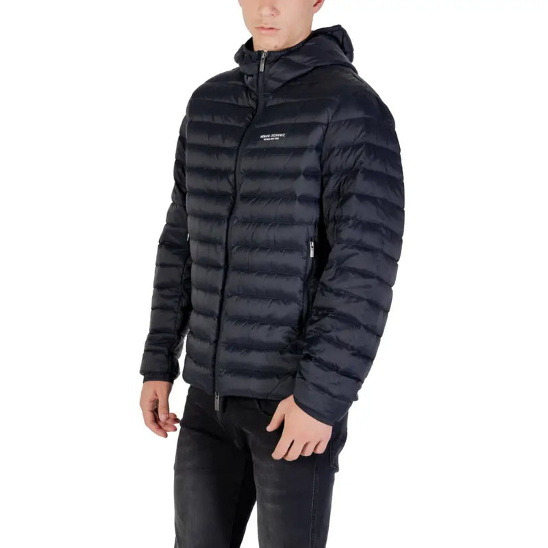 Black hooded puffer jacket with quilted design and subtle white logo on the chest for cold weather wear