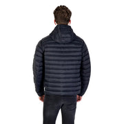 Black hooded puffer jacket in dark navy with horizontal quilted stitching and a hood, shown from the back side