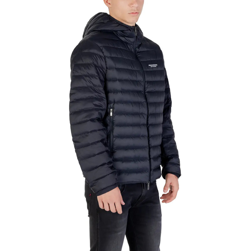 Black hooded puffer jacket featuring quilted design with front zipper for warmth and comfort