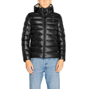 Black hooded puffer jacket displayed in Navy Blue Hooded Puffer Jacket product image