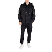 Black hooded shirt and cargo pants outfit displayed in a product image