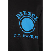 Black hooded sweatshirt featuring a bold blue circular logo with arched brand name and text below on front