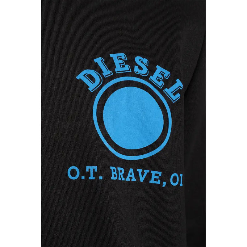 Black hooded sweatshirt featuring a bold blue circular logo with arched brand name and text below on front