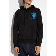 Black hooded sweatshirt featuring a blue logo and graphic design