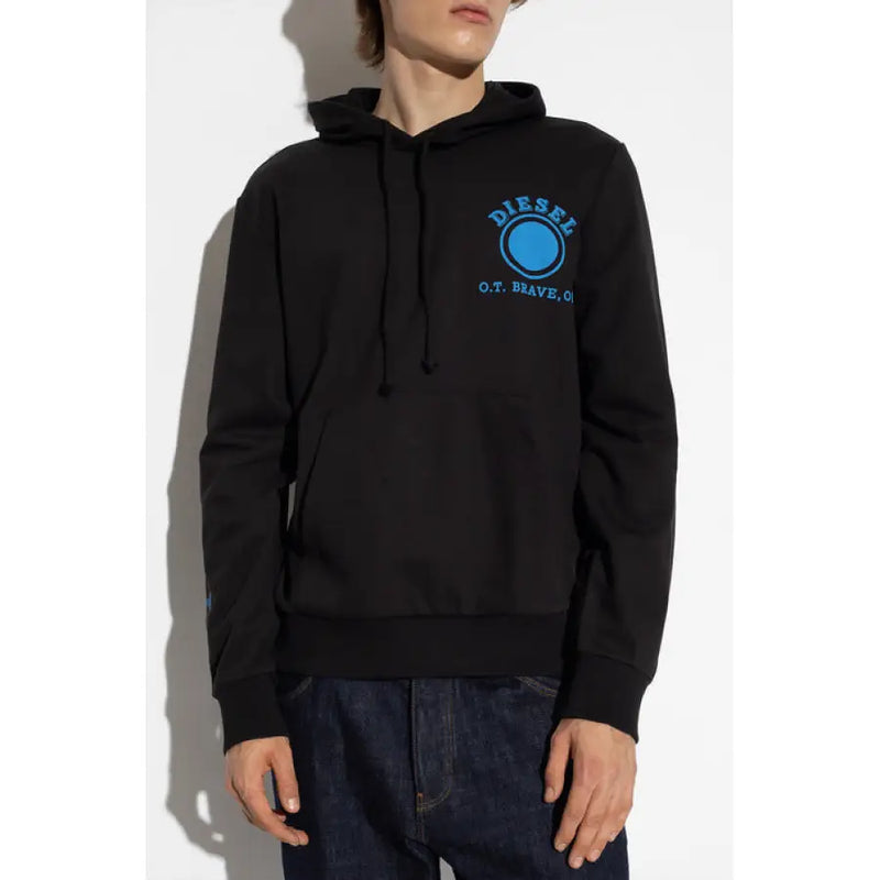 Black hooded sweatshirt featuring a blue logo and graphic design