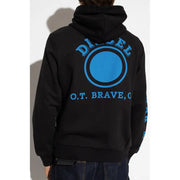 Black hooded sweatshirt made of cotton featuring a bold blue circular diesel logo and o.t graphics on front