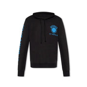 Black hooded sweatshirt featuring blue logo and graphic design for casual wear