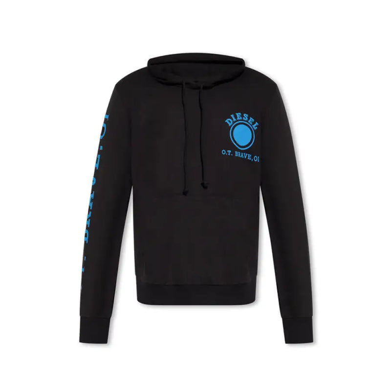 Black hooded sweatshirt featuring blue logo and graphic design for casual wear