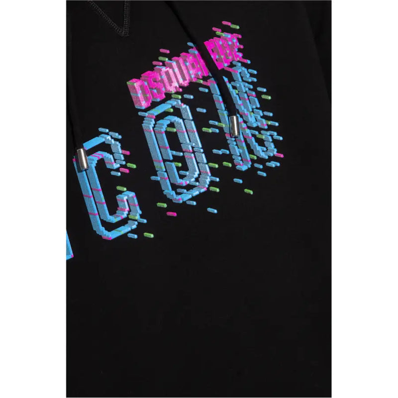 Schwarzer dsquared2 Kapuzenpullover in Schwarz mit auffälligem pixeligem Muster in Pink, Blau und Grün icon Grafik auf der Vorderseite