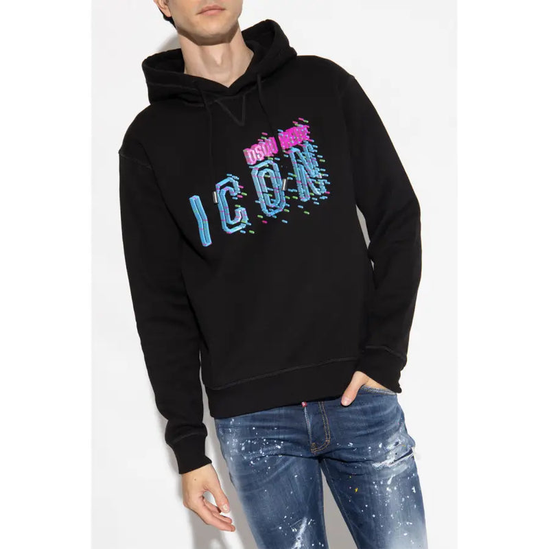 Schwarzer Dsquared2 Kapuzenpullover mit leuchtend pinken und blauen Pixeln icon Grafik- und Glitch-Effekte auf der Vorderseite