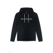 Black hooded sweatshirt with white drawstrings and a contrasting stripe featuring bausshark branding across the chest