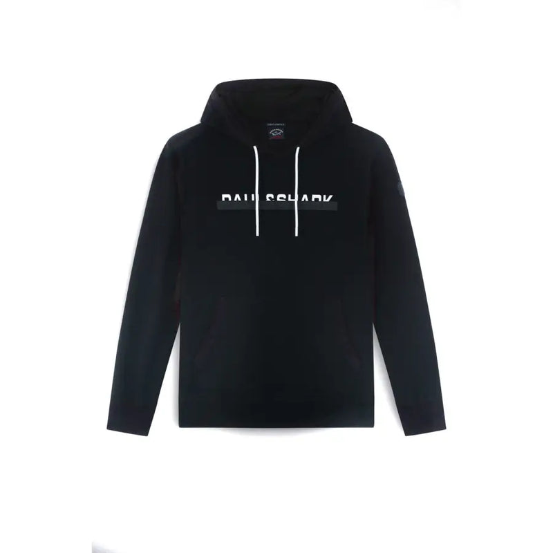 Black hooded sweatshirt with white drawstrings and a contrasting stripe featuring bausshark branding across the chest