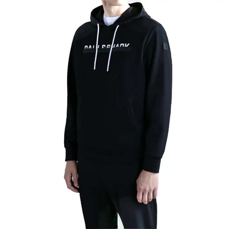 Black hooded sweatshirt with white drawstrings and a contrasting paul smith logo across the chest