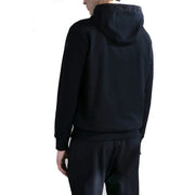 Black hooded sweatshirt with drawstrings featuring subtle textured fabric and ribbed cuffs for comfortable wear