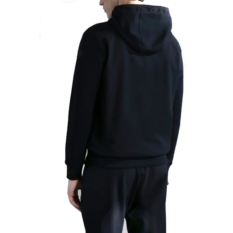 Black hooded sweatshirt with drawstrings featuring subtle textured fabric and ribbed cuffs for comfortable wear