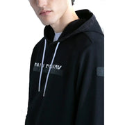 Black hooded sweatshirt with white drawstrings and subtle palladio logo printed on the chest in cotton material