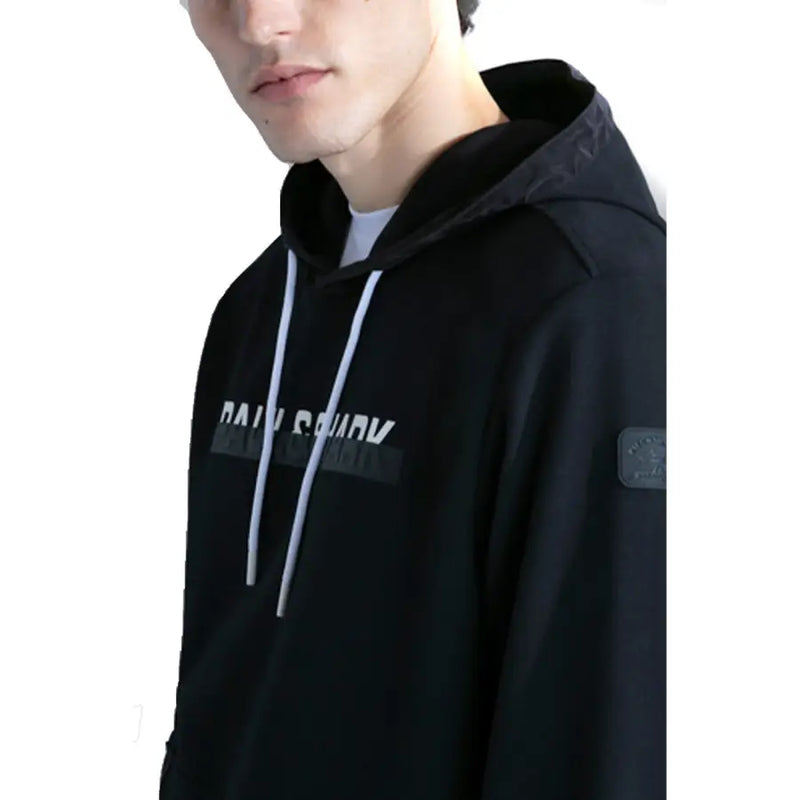 Black hooded sweatshirt with white drawstrings and subtle palladio logo printed on the chest in cotton material