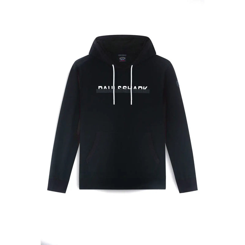 Black hooded sweatshirt with white drawstrings and a contrasting stripe featuring bausshark branding across the chest