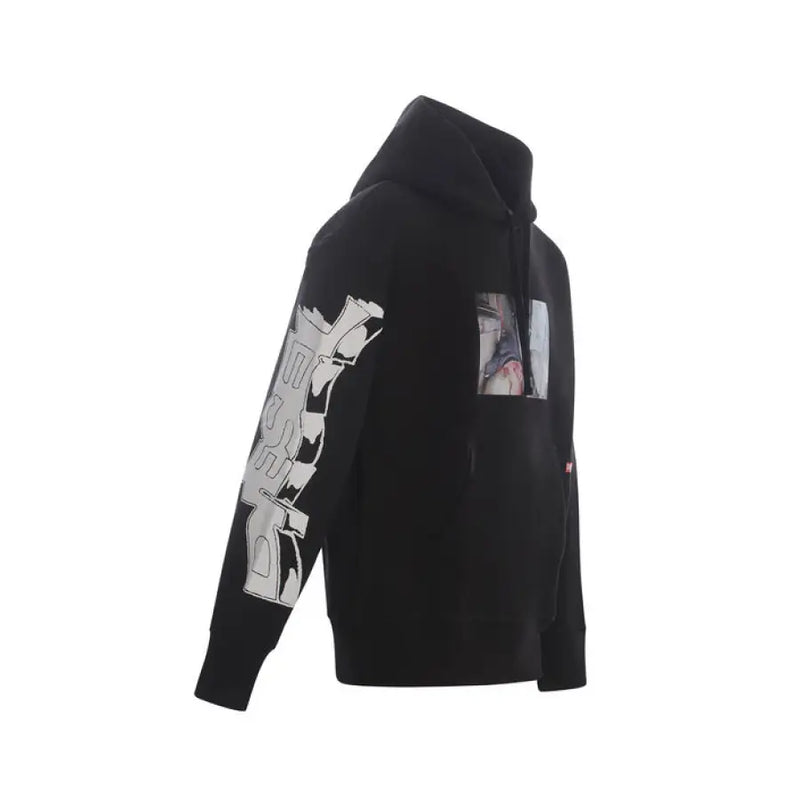 Black hooded sweatshirt with eye-catching graphic prints for a stylish casual look