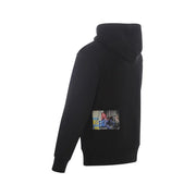 Black hooded sweatshirt featuring a rectangular photographic print on the lower back in a sleek black fabric