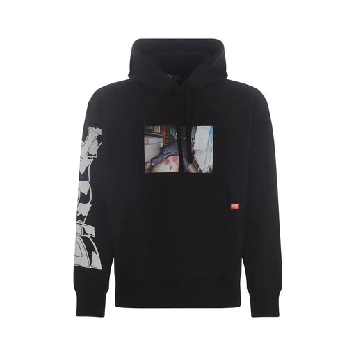 Black hooded sweatshirt featuring a rectangular photographic print on the chest and white graphic lettering on the sleeve