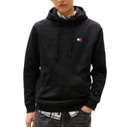 Black hooded sweatshirt displayed with jeans in a men’s clothing product photograph