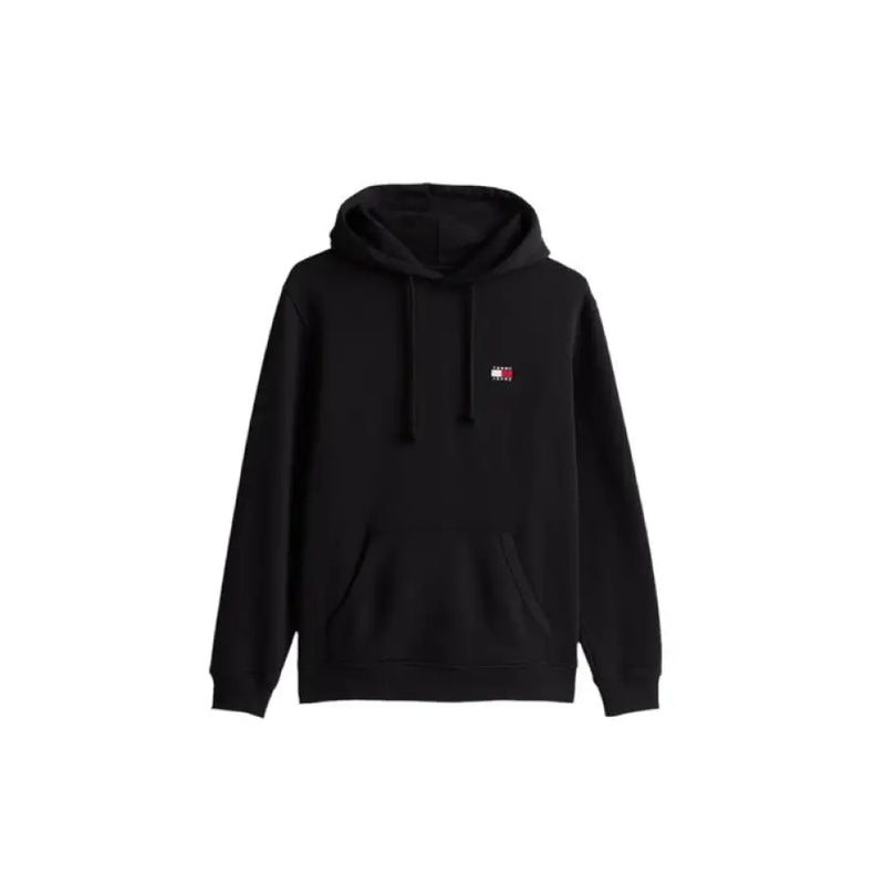Black hooded sweatshirt displayed with jeans in a men’s clothing product image