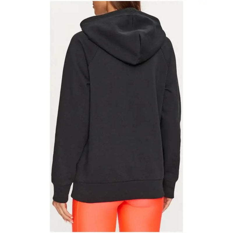 Black hooded sweatshirt back view, Under Armour Women’s style with pockets