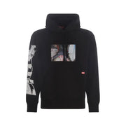 Black hoodie with eye-catching graphic print from Black Hooded Sweatshirt Featuring Graphic Prints