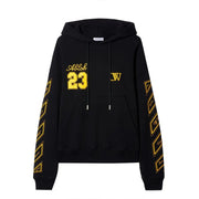 Black hoodie with bold yellow abloh 23 lettering and diagonal sleeve stripes featuring front pocket and drawstrings