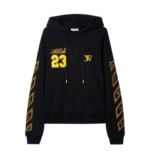Black hoodie with bold yellow abloh 23 lettering and diagonal sleeve stripes featuring front pocket and drawstrings