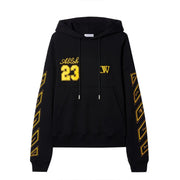 Black hoodie with bold yellow abloh 23 lettering and diagonal sleeve stripes featuring front pocket and drawstrings