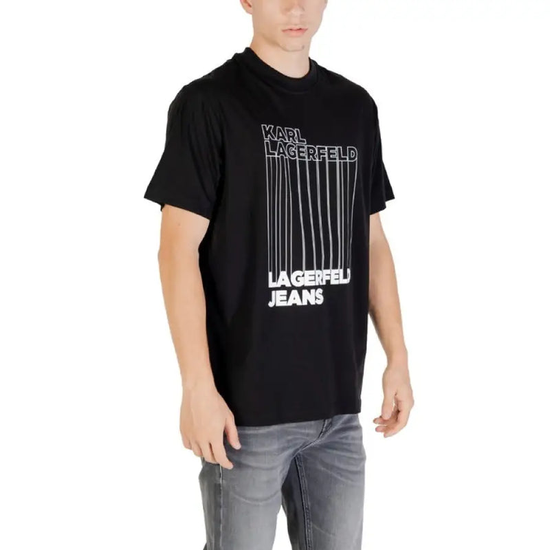Black Karl Lagerfeld T-shirt paired with Gray Jeans in a men’s fashion display
