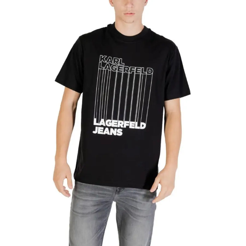 Black Karl Lagerfeld T shirt paired with gray jeans for men’s casual style