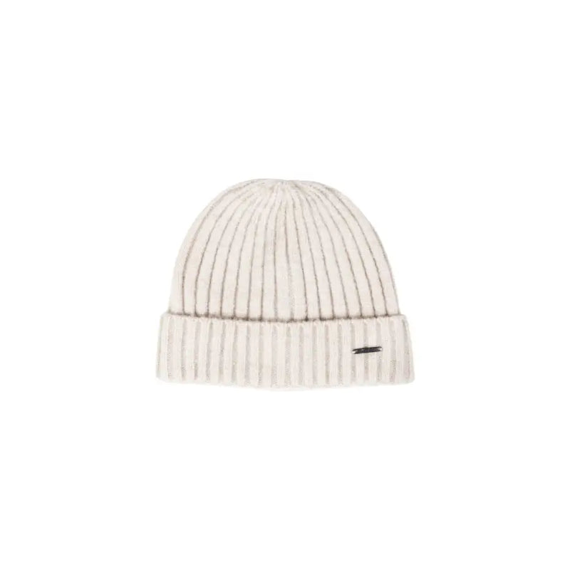 Cream-colored ribbed knit beanie with a small black logo on the front.