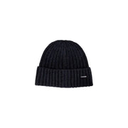 Black ribbed knit beanie with a folded cuff and brand logo.