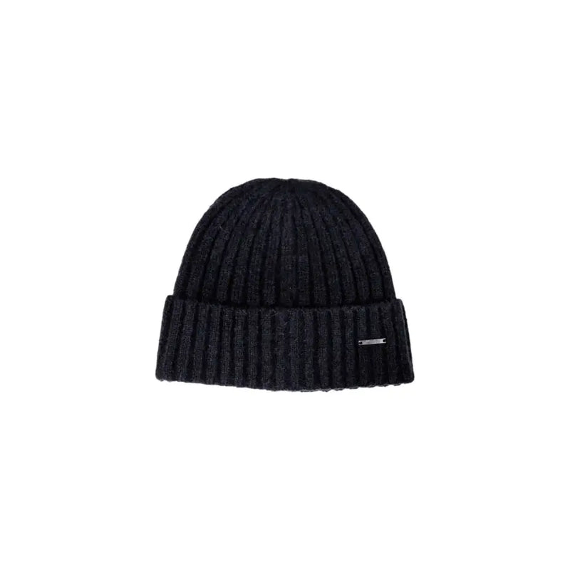 Black ribbed knit beanie with a folded cuff and brand logo.