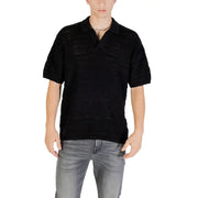 Black knit polo shirt displayed on a product page