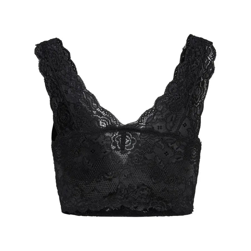Black lace bralette with deep V-neck and scalloped edges paired with Only Black Sleeveless V Neck Womens Polyester Top