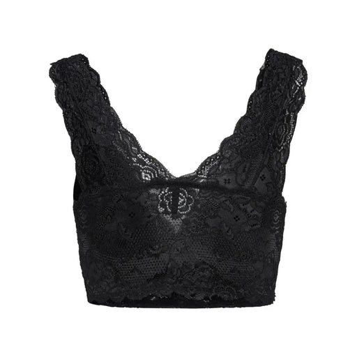 Black lace bralette with deep V-neck and scalloped edges paired with Only Black Sleeveless V Neck Womens Polyester Top