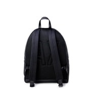 Black leather backpack with padded straps and front zipper pocket for stylish convenience