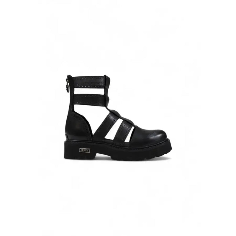 Black leather gladiator style platform boot with chunky sole and multiple straps for ankle support