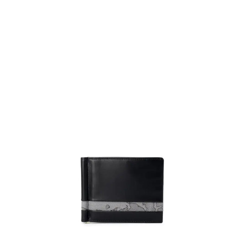 Black leather wallet with patterned stripe and integrated money clip for sophisticated storage