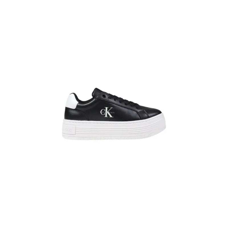 Black leather platform sneakers with white soles and heel accents from Calvin Klein Jeans Women