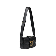 Black Pinko leather shoulder bag with gold bird clasp and perforated strap