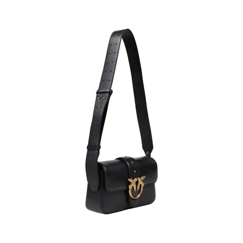 Black Pinko leather shoulder bag with gold bird clasp and perforated strap