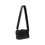 Black leather shoulder bag by Pinko with gold-tone hardware and perforated crossbody strap featuring interior pockets