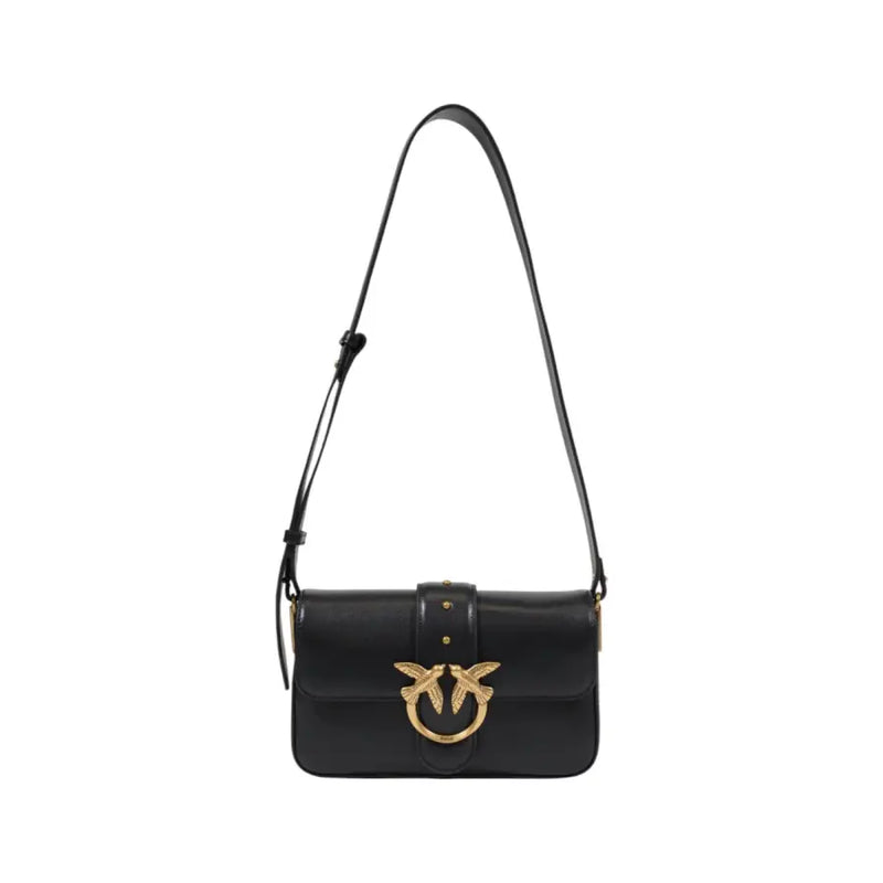 Black leather Pinko shoulder bag with gold bird clasp and interior pockets
