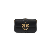 Black leather shoulder bag by Pinko with interior pockets and a gold-tone bird-shaped clasp on the front