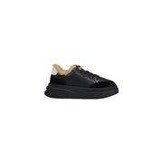 Black leather sneaker with plush faux fur trim for stylish comfort
